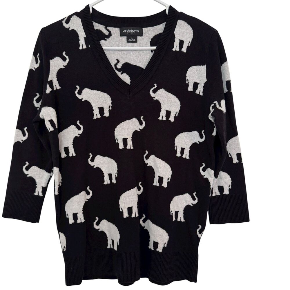 Liz Claiborne Women's Size SMALL Career Black Sweater with White Elephants